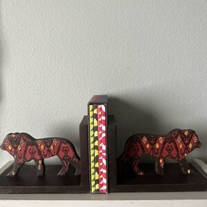 Bookends Painted Carved Wood Ikat Lions